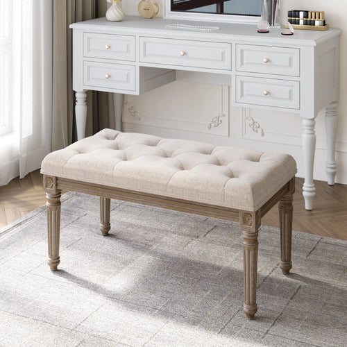 Beige Upholstered Bench Entryway Bedroom Dining Bench Wood Vanity Piano Shoe Bench,Ottoman Bench for Living Room Kitchen Hallway - vue 5 sur 6