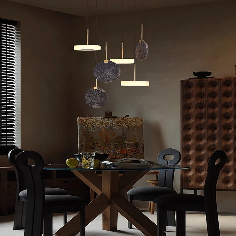 lustre led art déco en bois et marbre design élégant et moderne - vue 5 sur 11