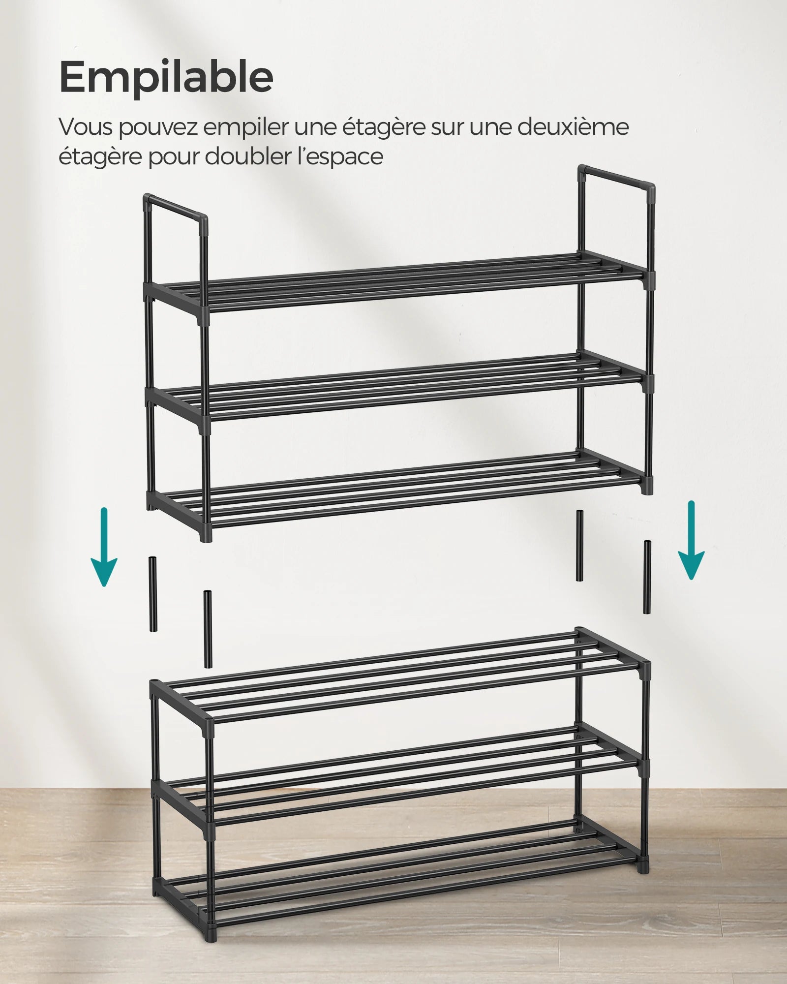 SONGMICS Shoe Rack 3 Tier, Metal Shoe Rack for 12-15 Pairs, Stackable, Hallway, Living Room, Bedroom, 30 x 92 x 55 cm