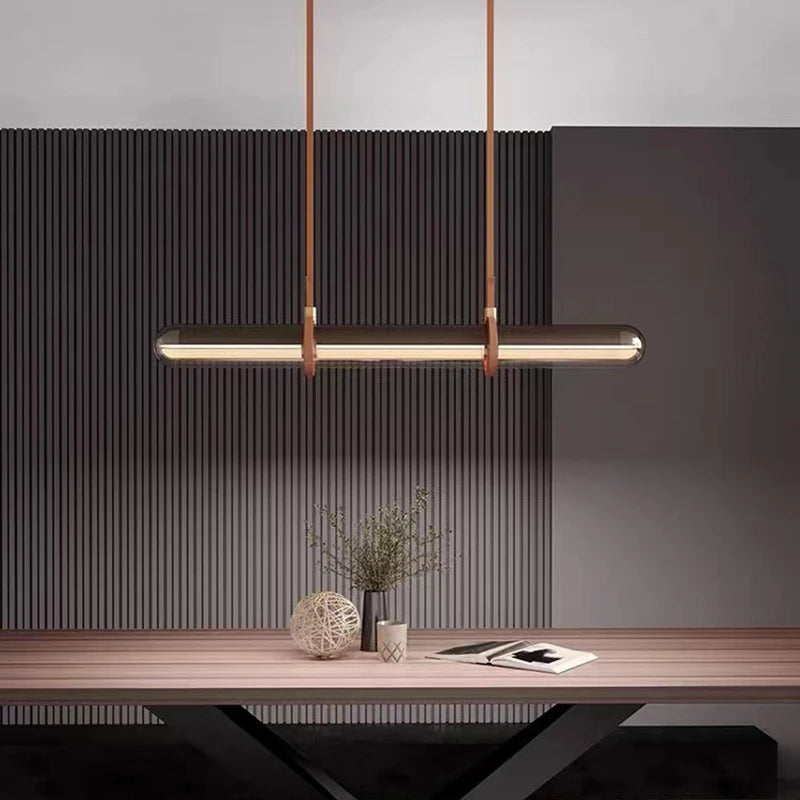 lustre long design moderne décoration maison led luxe cuir verre - vue 4 sur 7