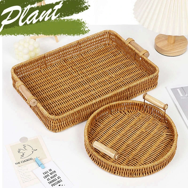 plateau de rangement en rotin tissé avec poignées en bois - vue 4 sur 11
