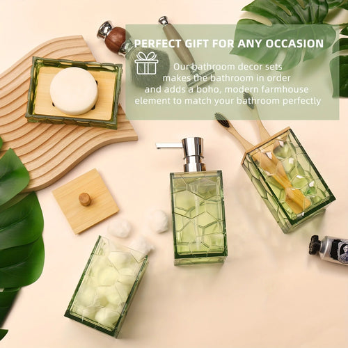 Bathroom Accessory Set, Acrylic Bamboo Accessories, Includes Toothbrush Holder, Soap Dispenser, Cotton Swab Holder, Soap Dish, T - vue 6 sur 7