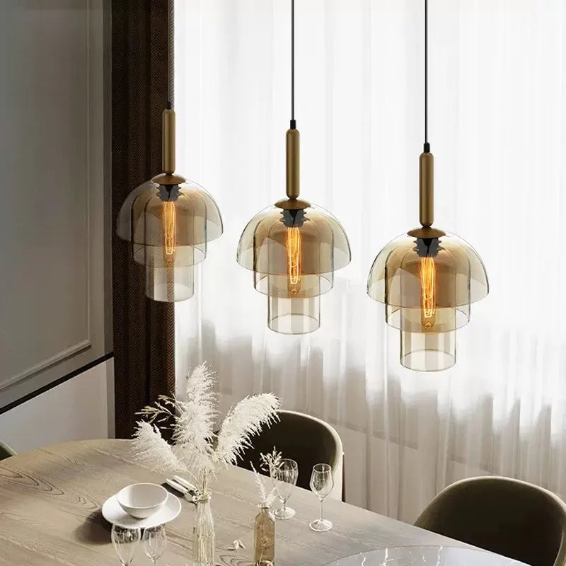 Rétro LED verre suspension nordique Cognac Luminaires 2/3 couche salon décor suspendu éclairage salle à manger chambre Luminaires - vue 3 sur 8