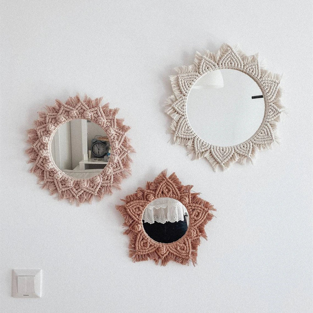 miroir rond en macramé style bohème pour décoration murale - vue 2 sur 19