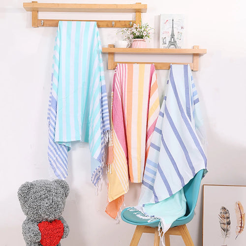 serviette de plage turque coton rayures pompons légère