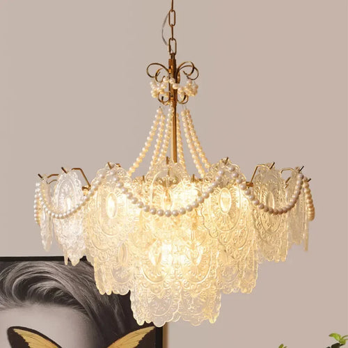 Plafonnier LED suspendu en perles de crème au design moderne - vue 2 sur 23