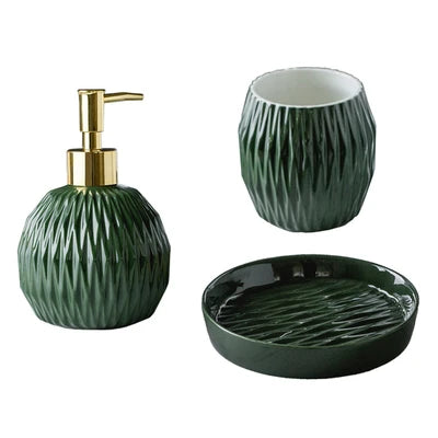 Nordic Bathroom, Dark Green Ceramic Embossed Shape, Soap Dispenser, Dish, Mouthwash Cup, Bathroom Supplies, Set - vue 10 sur 13