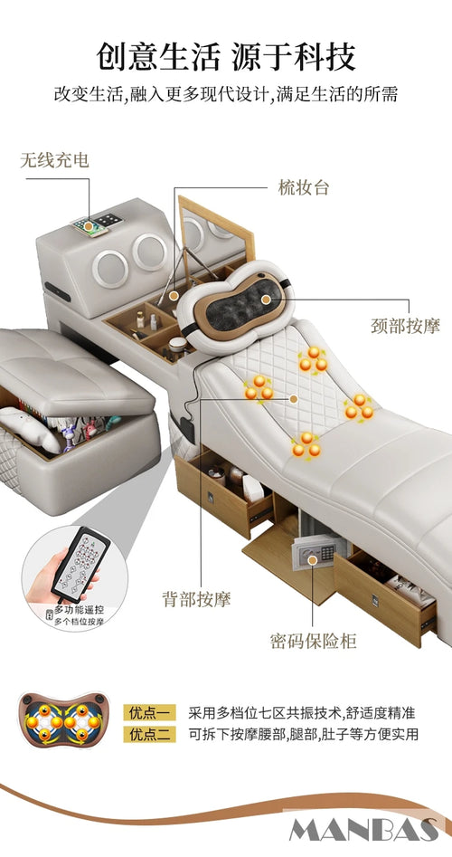 Tech Smart Bed 2 People with King Size Bed Frame Queen, Genuine Leather, Massage, USB, Bluetooth Speaker, and Safe By MINGDIBAO - vue 6 sur 8