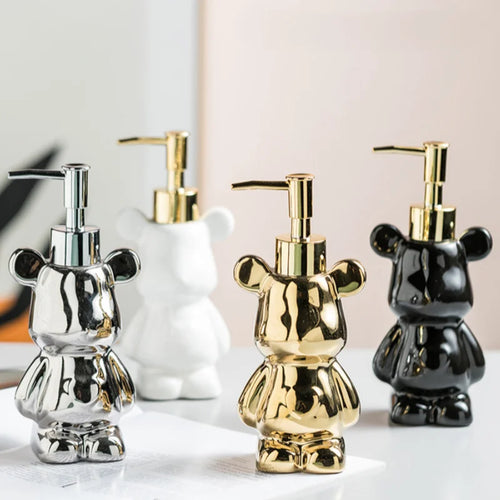 Bear Shape Ceramics Soap and Gel Dispenser, Creative Gold Silver, 200ml Empty Shampoo Bottle, Bathroom Storage Accessories - vue 3 sur 10