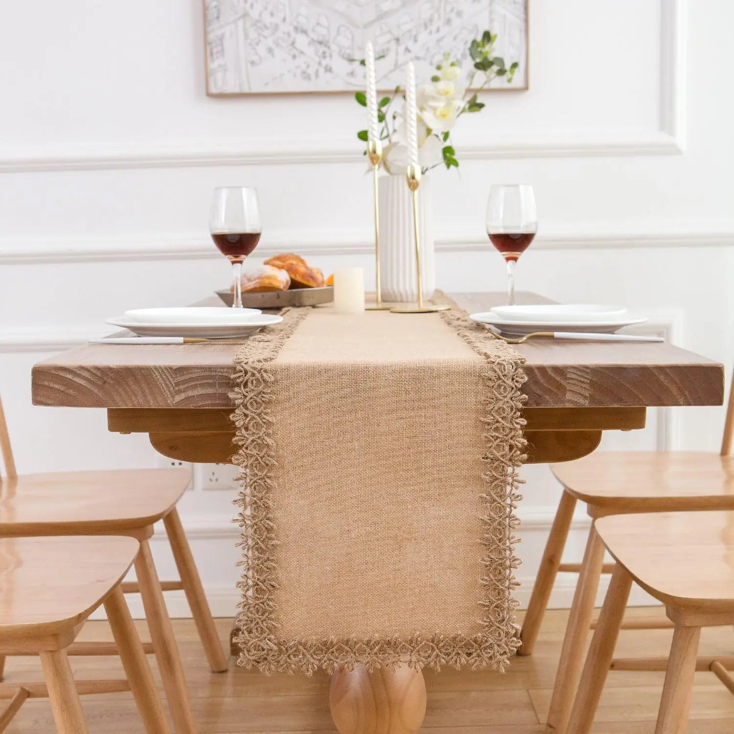 Chemin de table macramé rustique beige style bohème - vue 3 sur 7