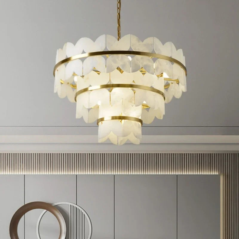 Natural marble and copper minimalist designer pendant light - vue 3 sur 9