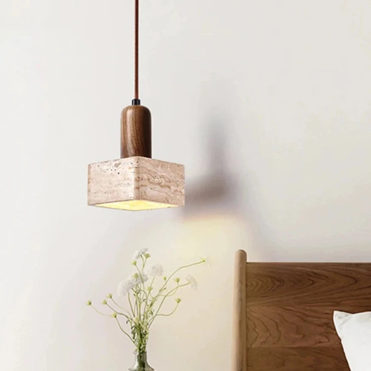 Lampe suspension LED carré en pierre lustre chambre chevet Style crème en bois massif rétro lumière E27 ampoule pour salon maison Bar - vue 3 sur 7