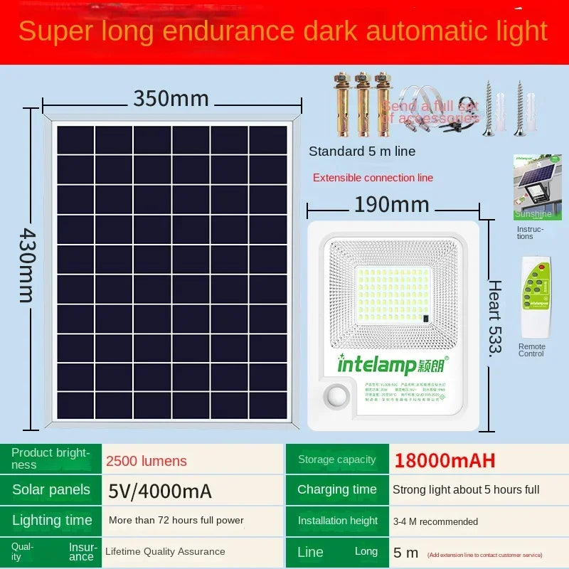 INTELAMP Solar Motion Sensor Floodlight with Remote Control, High Brightness 2500lm, 18000mAh, Suitable for Various Scenarios - vue 4 sur 7