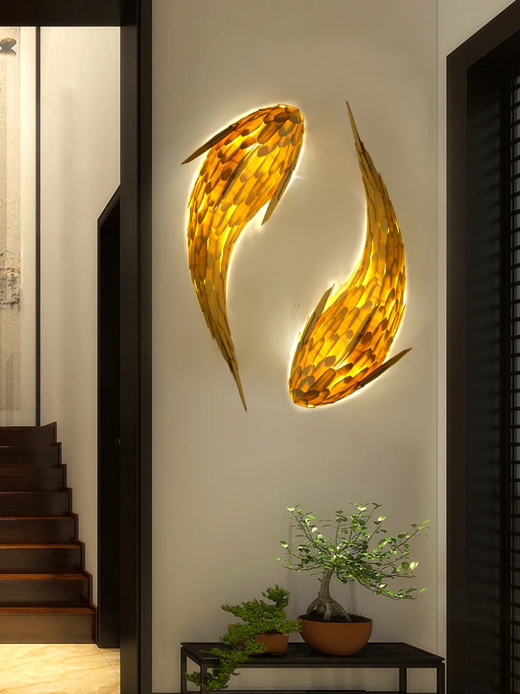 applique murale led bambou design nordique tissée main forme poisson - vue 5 sur 8