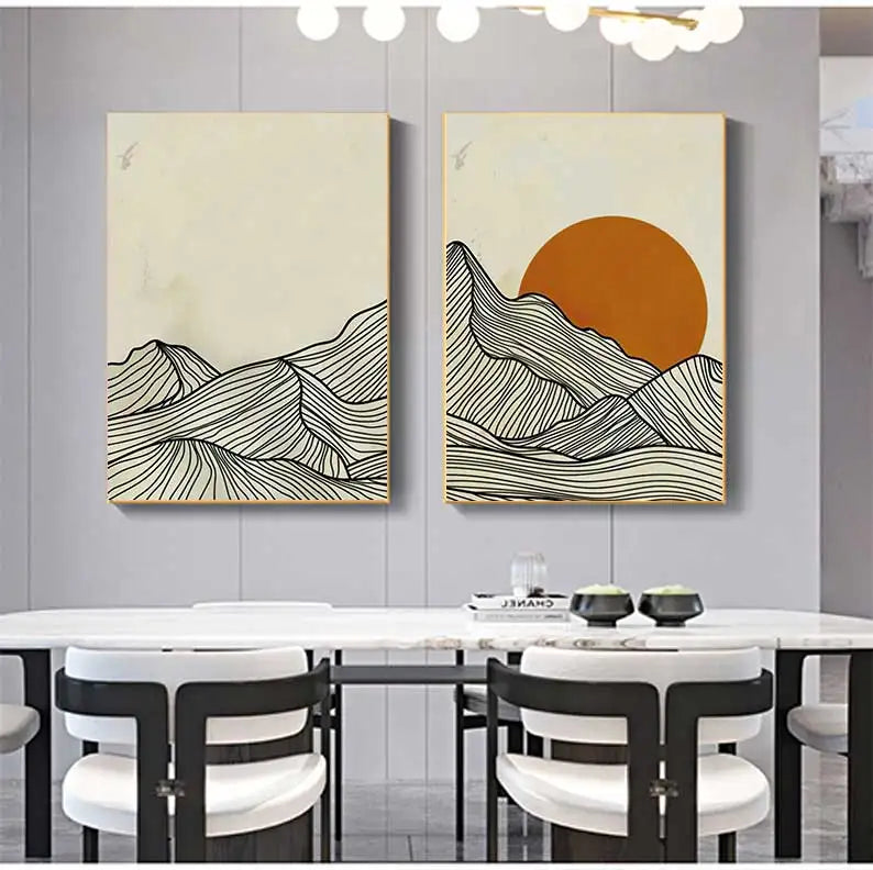 Minimalist Sun Mountain Line Abstract Wall Art, Nordic Posters Prints, Minimalist Image, Canvas Painting, Room Decoration, Set 3 - vue 6 sur 7