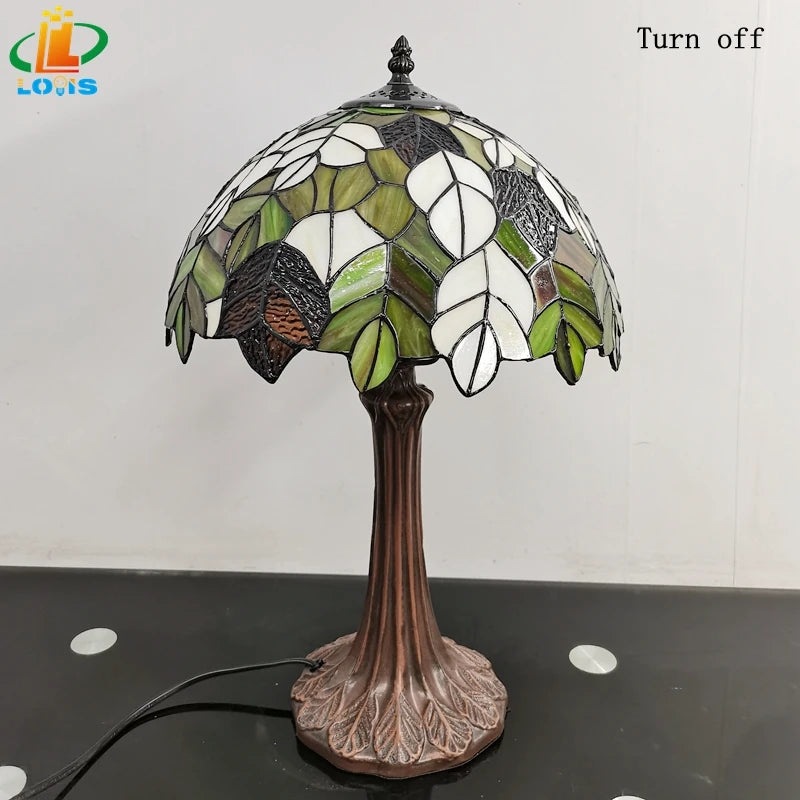 lampe à poser en verre style tiffany avec feuilles décoratives antique - vue 6 sur 6