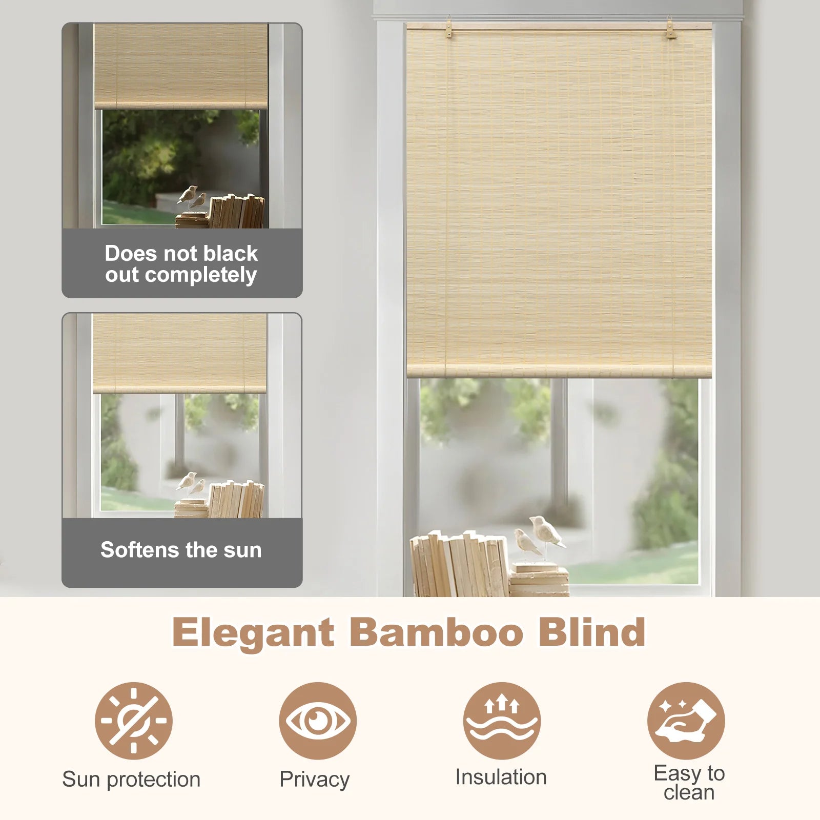 Store en bambou occultant aéré pour fenêtres patio