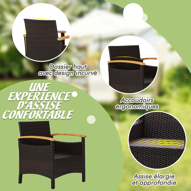 mobilier de jardin en rotin avec deux fauteuils et une table