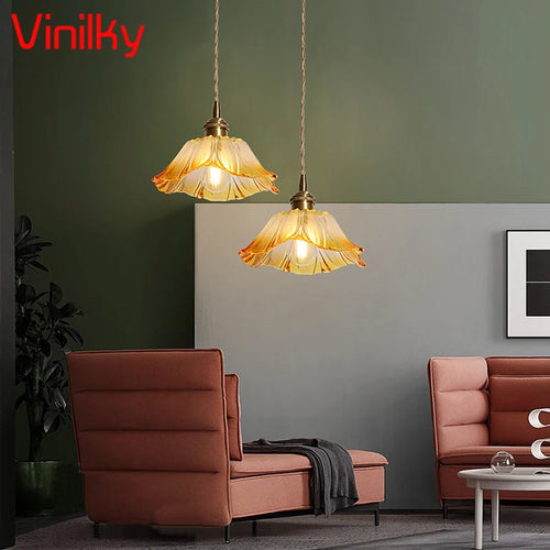 Minimalist nordic pendant light japanese style brass glass flower lamp - vue 3 sur 13
