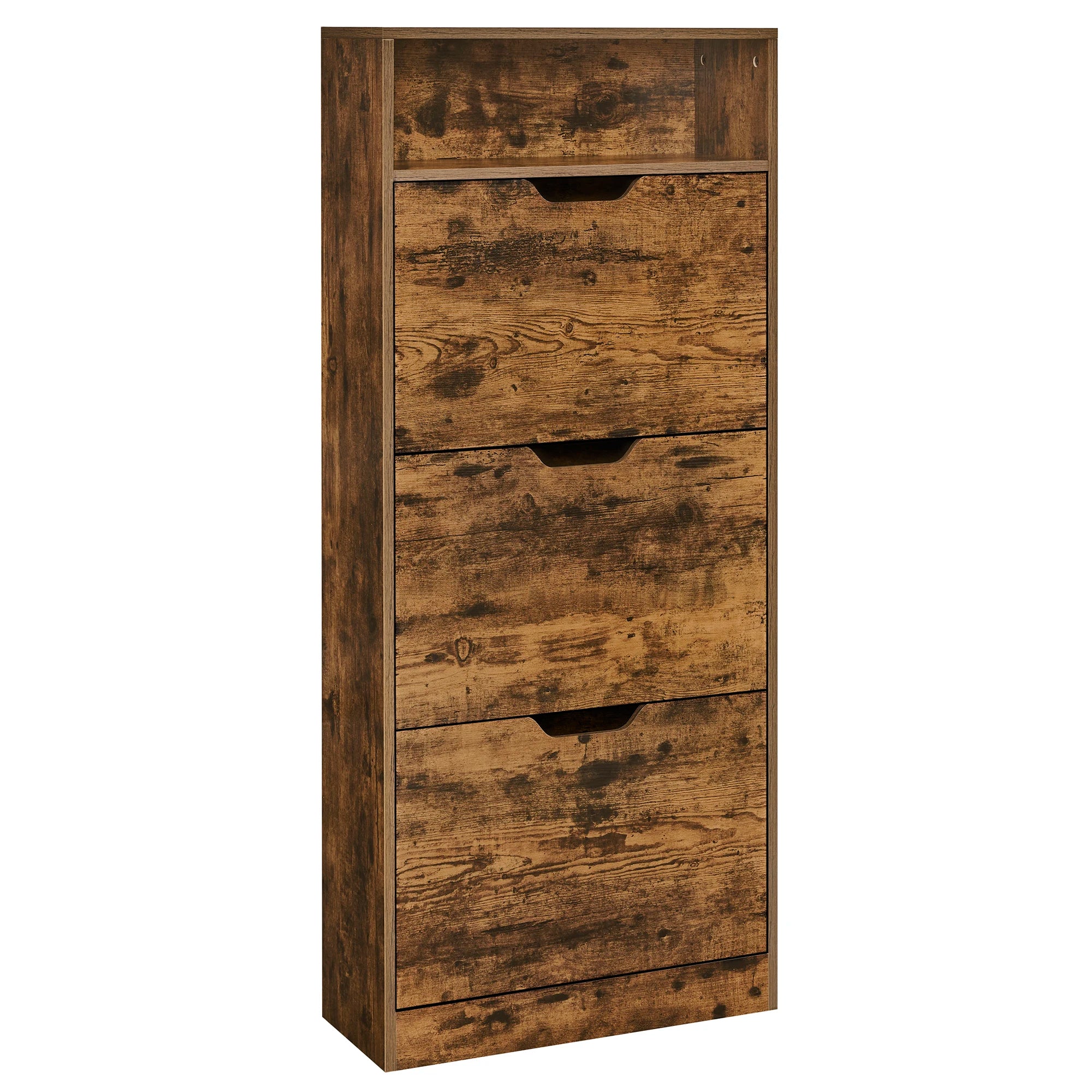 Shoe Cabinet with 3 Hinged Doors, Open Compartment, Adjustable Divider, 14 to 18 Pairs, 24 x 60 x 139 cm, Brown