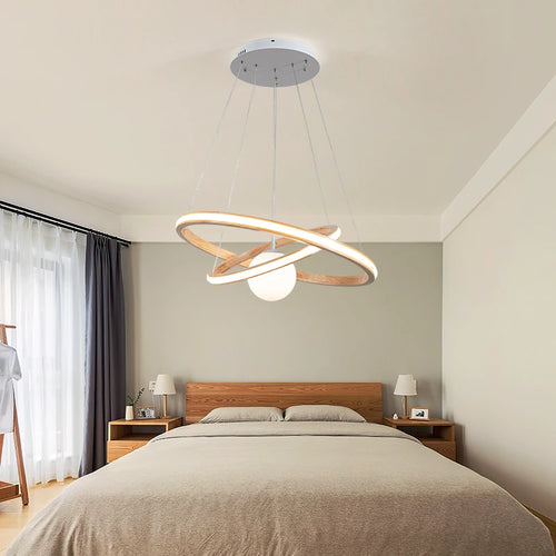 lustre en bois moderne avec anneaux lumineux et verre - vue 3 sur 9