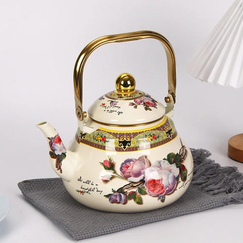 bouilloire vintage en émail motif floral poignée dorée