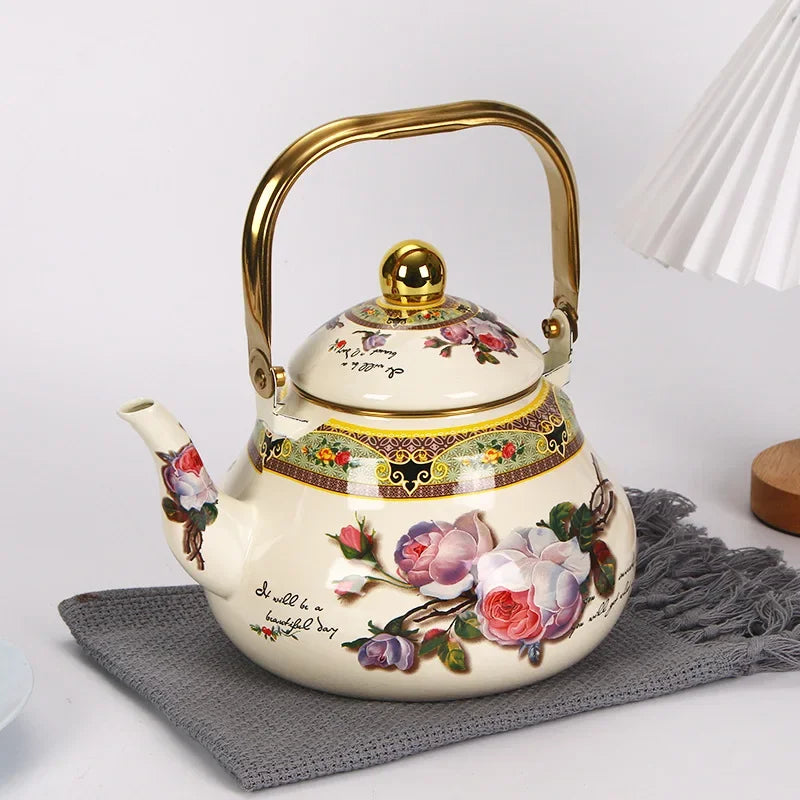 Bouilloire émail vintage motif floral poignée dorée 15l