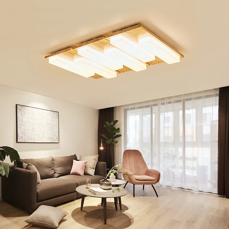 plafonnier led moderne en bois véritable 4/6/9 têtes luminaire intérieur - vue 7 sur 12