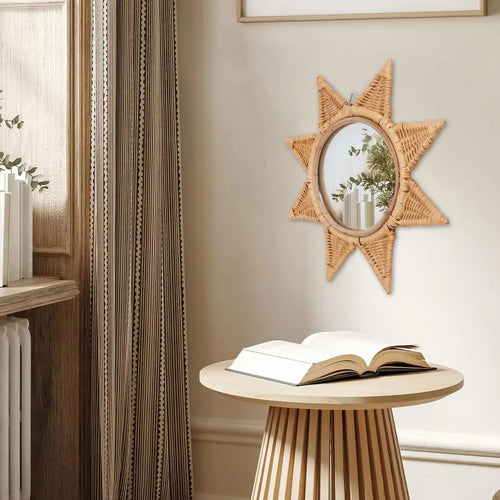 Rattan Woven Wall Mirror - Elegant 8-Point Star Shape, Portable HD Decorative Mirror for Parties &amp; Home Décor - vue 3 sur 6