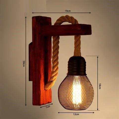 Vintage industrial loft wooden wall light with hemp rope - vue 10 sur 17
