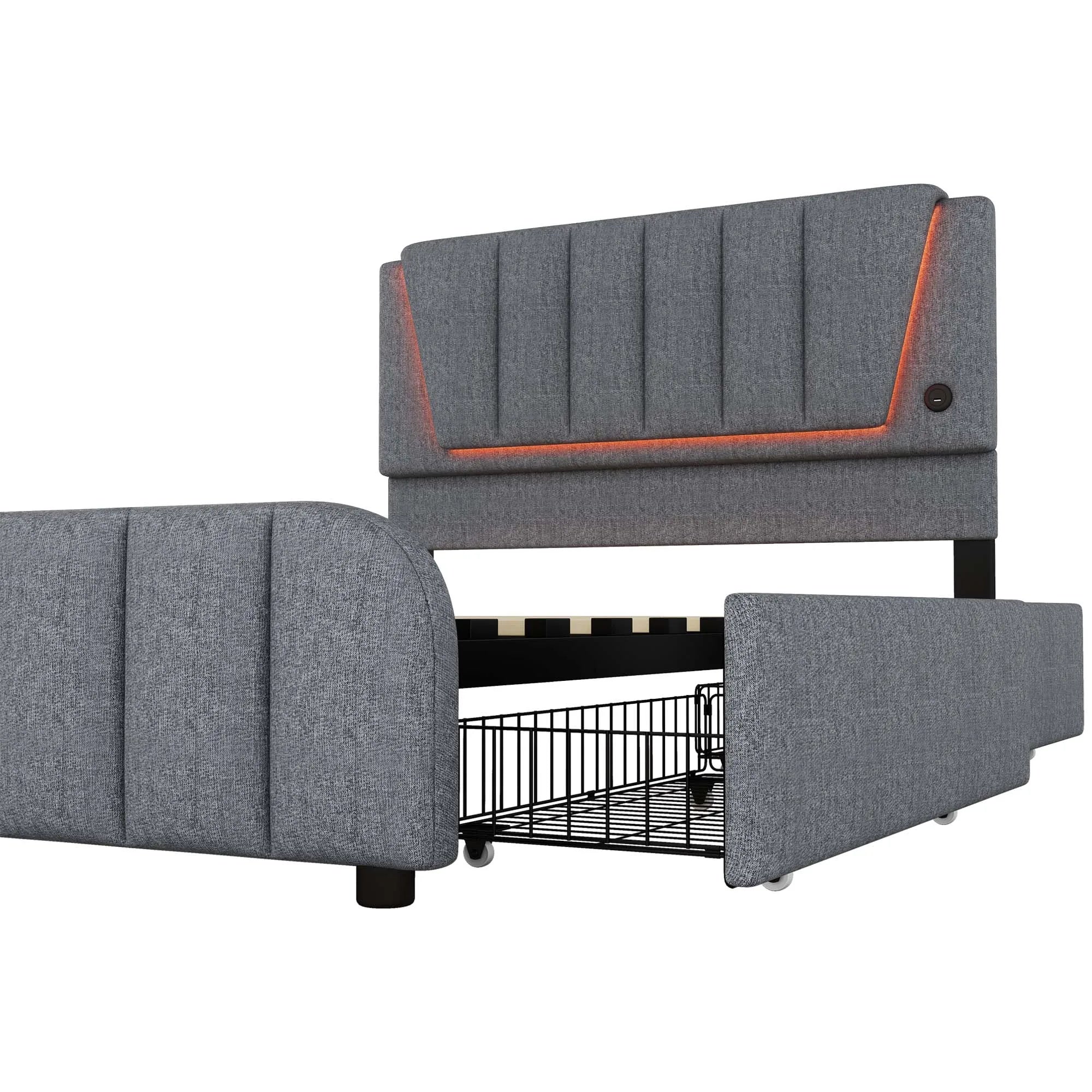 Upholstery bed, 140x200cm, bed with slatted frame (without mattress), remote control room light, bed with four drawers, adjustable