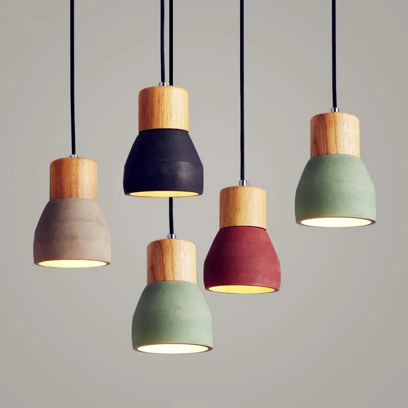 lampe led suspendue style nordique vintage en béton et bois - vue 5 sur 10