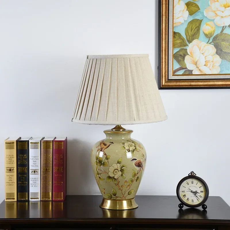 lampe de bureau nordique céramique motif fleur et oiseau - vue 5 sur 9