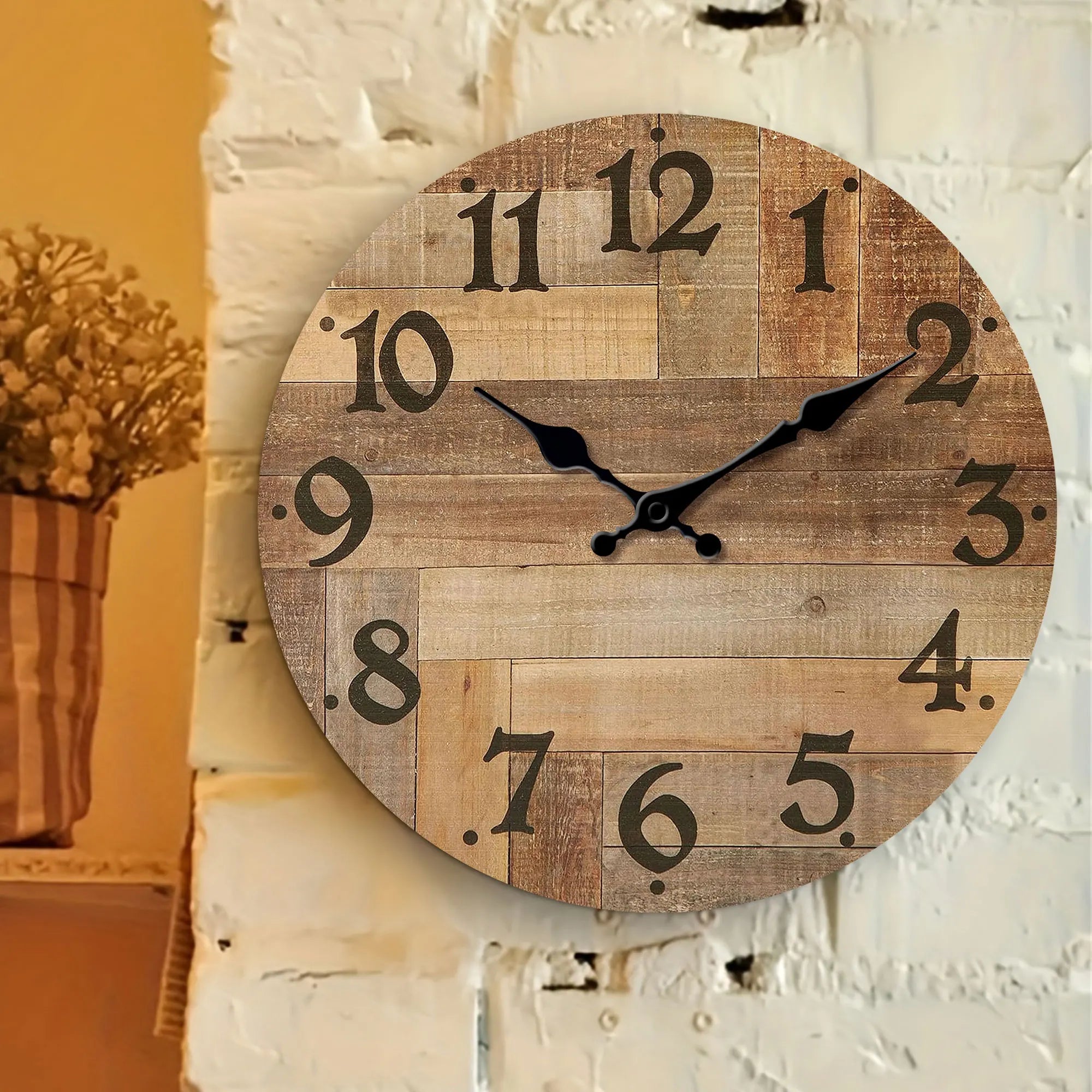 1pc Wooden veneer wall clock, Vintage style Brown wood texture design wall clock, round silent clock, suitable for living room b - vue 2 sur 7