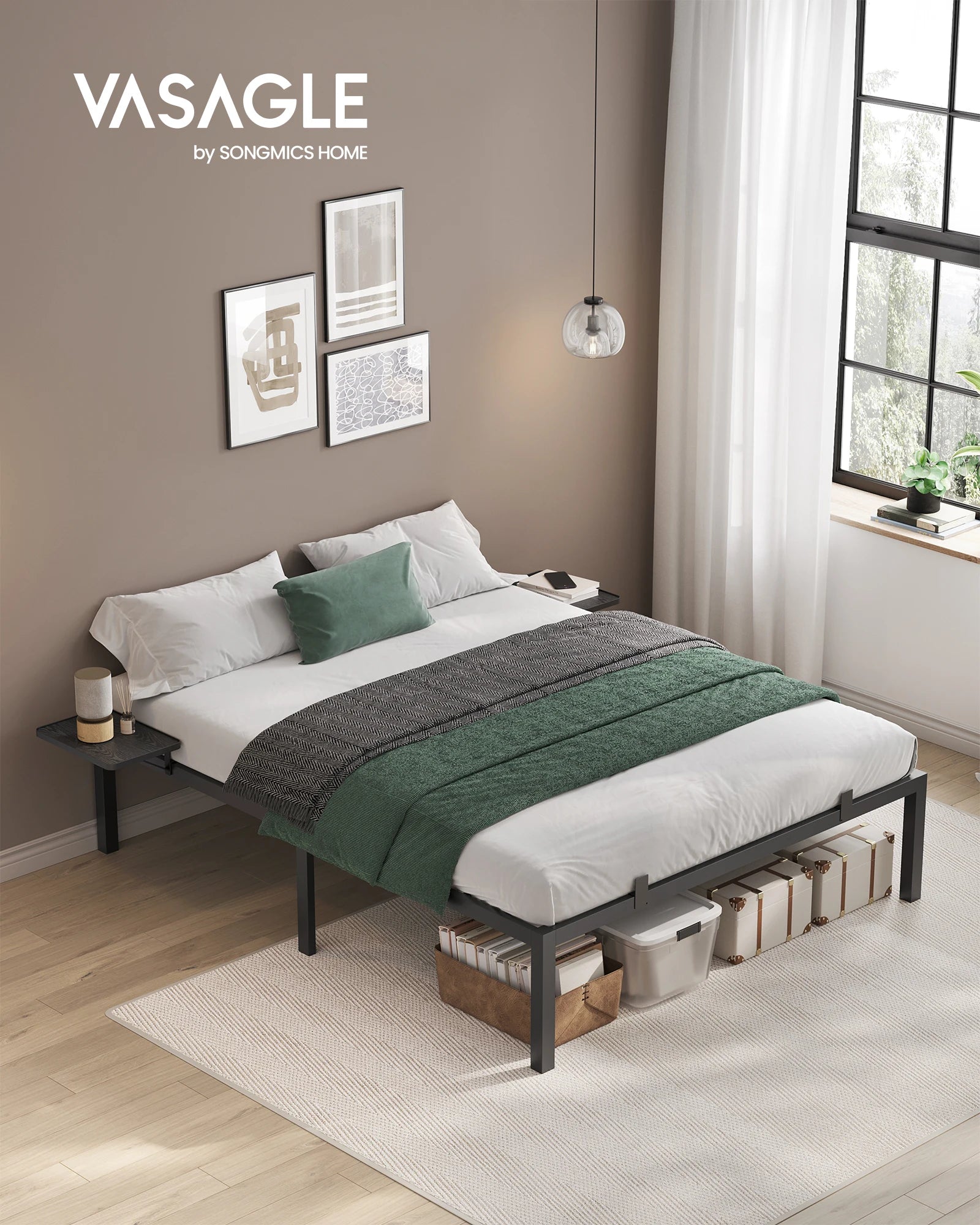 VASAGLE Single Bed Frame, Metal Bed Frame, with Bedside Shelves, Guest Bed Frame, for 90 x 190 cm Mattresses, Easy Assembly