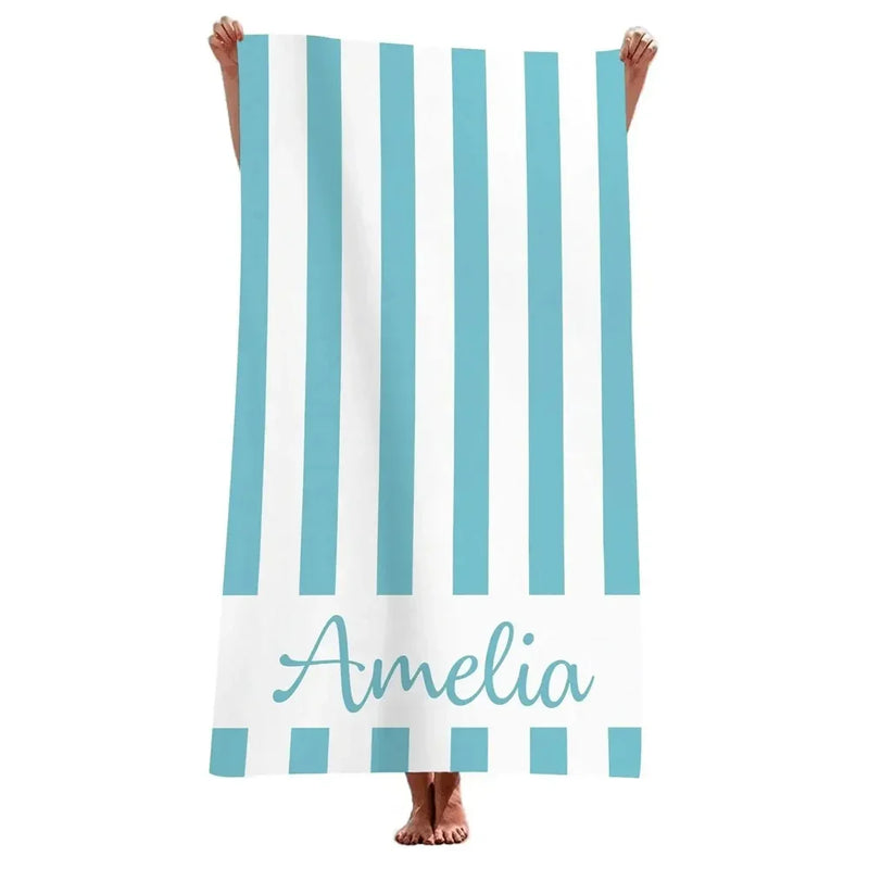Serviette de plage rayée personnalisée microfibre prénom géométrique