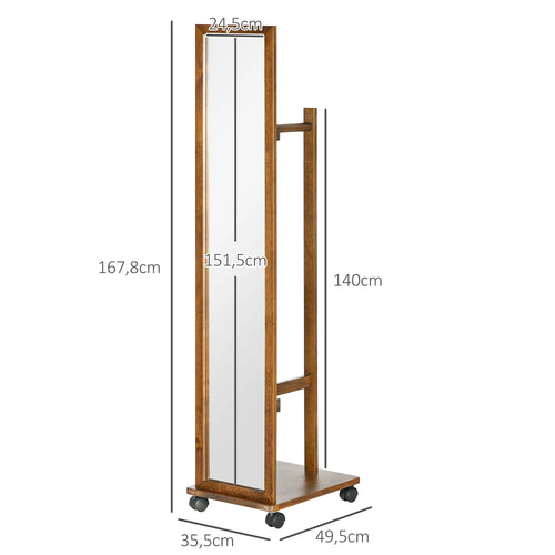 HOMCOM full body mirror with wheels bar shelf 35,5x49,5x167,8 cm Walnut - vue 4 sur 7