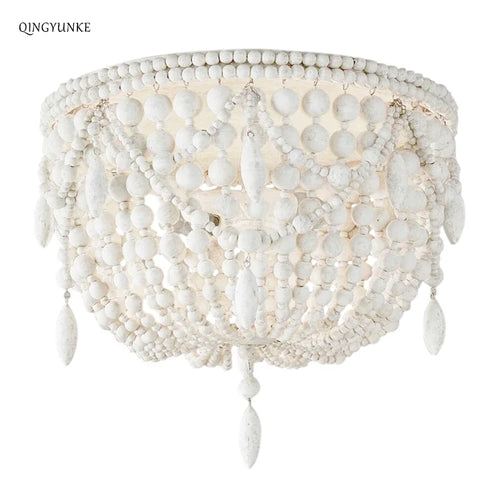 French Style Retro Pendant Lights For Living Room  Bedroom Children'S Room Princess White Wood Bead Decorative Indoor Lighting