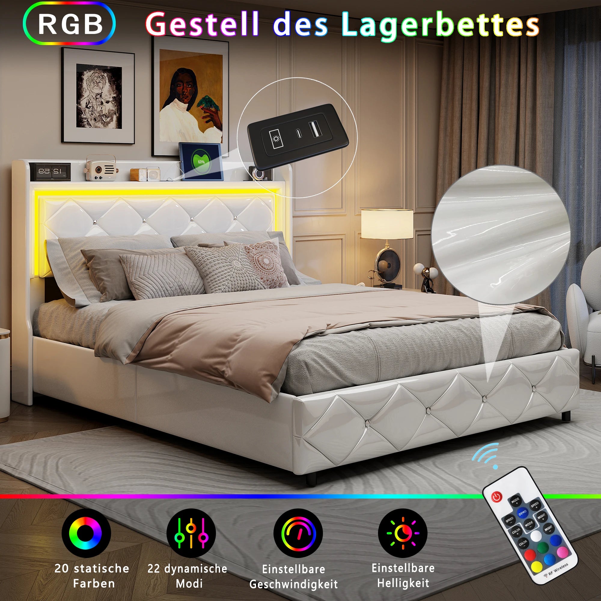 Upholstered Bed with LED Light, Charging Function, Air Pressure Metal Frame and Wooden Slatted Frame, PU, Without Mattress - vue 3 sur 6