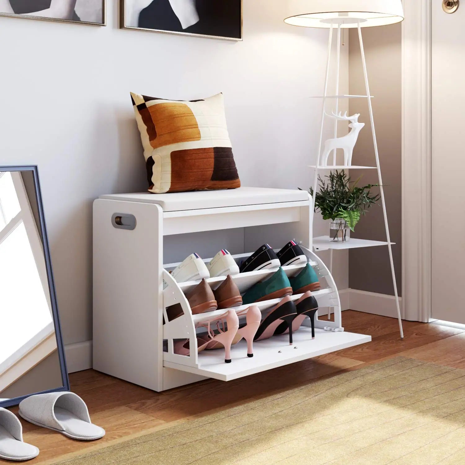 Getone Shoe Bench Entryway Shoe Rack, White Shoe Storage Cabinet with PU Leather Seat, Flip Drawer, White 60x29.5x50.5cm