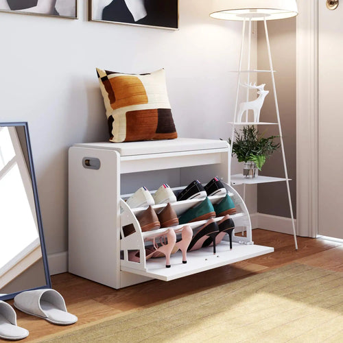 Getone Shoe Bench Entryway Shoe Rack, White Shoe Storage Cabinet with PU Leather Seat, Flip Drawer, White 60x29.5x50.5cm