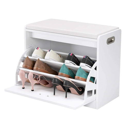Getone Shoe Bench Entryway Shoe Rack, White Shoe Storage Cabinet with PU Leather Seat, Flip Drawer, White 60x29.5x50.5cm - vue 3 sur 6