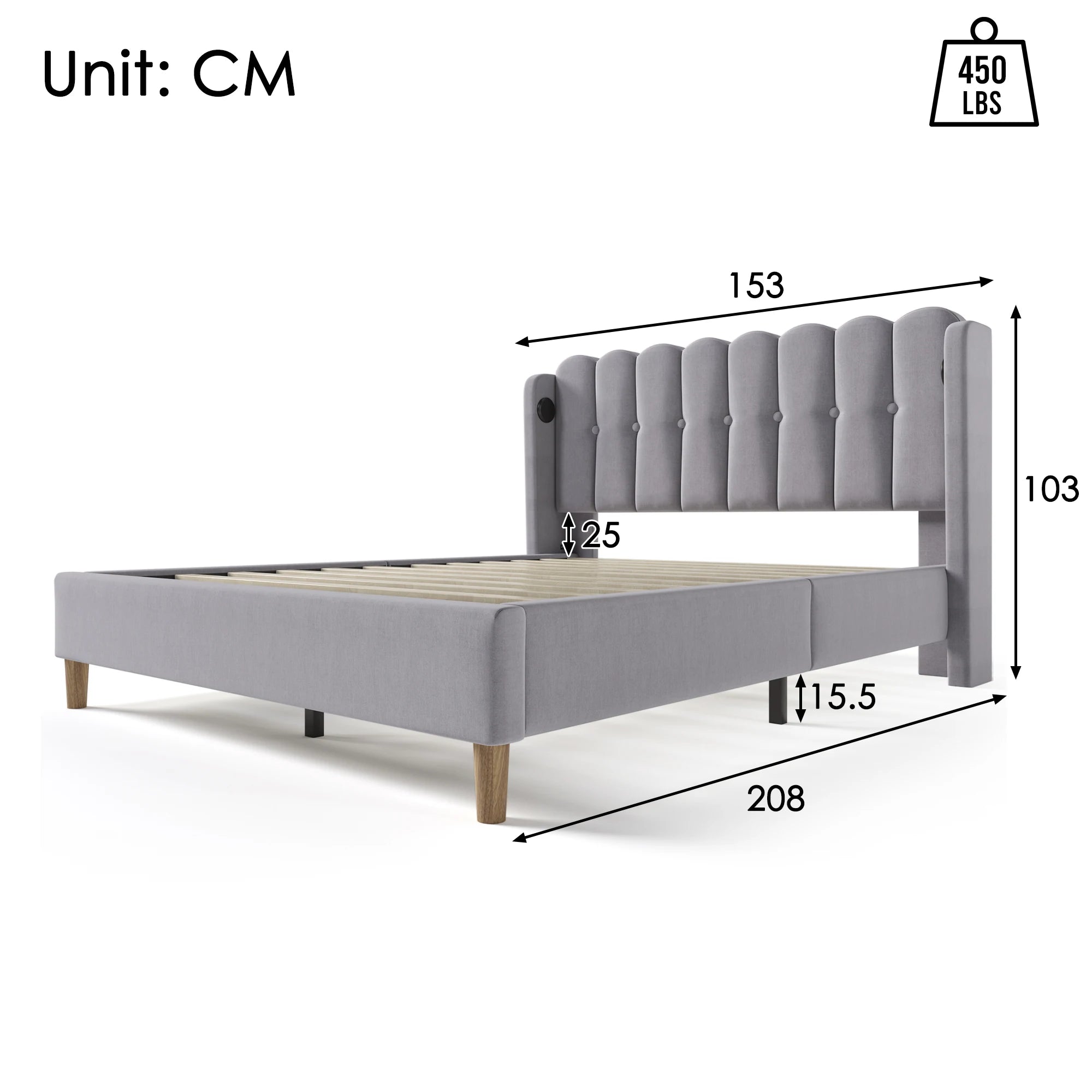 Cushion Bed Double with USB Type C Charging, Slatted Frame, Upholstered, Gray, 140x200 cm, Youth/Guest Room, Linen - vue 4 sur 6
