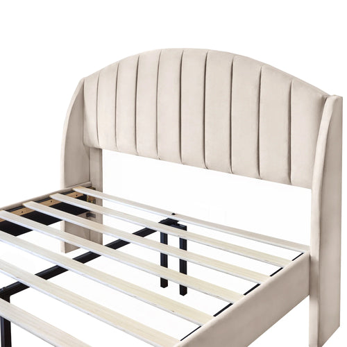 VSOGA Upholstered Bed 140*190 With Slatted Base And Headboard Teen Bed Single Bed Velvet, Beige - vue 6 sur 7