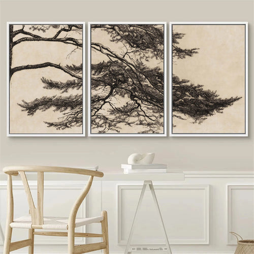 Vintage rustic pine branch triptych canvas wall art - vue 4 sur 7