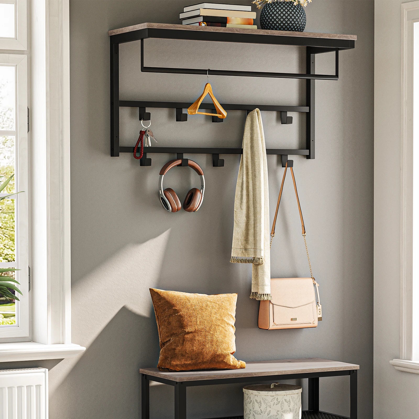 Wall Mounted Coat Rack with Shelf, Wall Shelf with 10 Hooks and Rods, Wall Mounted Hanging Shelf for Hallway Living Room - vue 4 sur 7