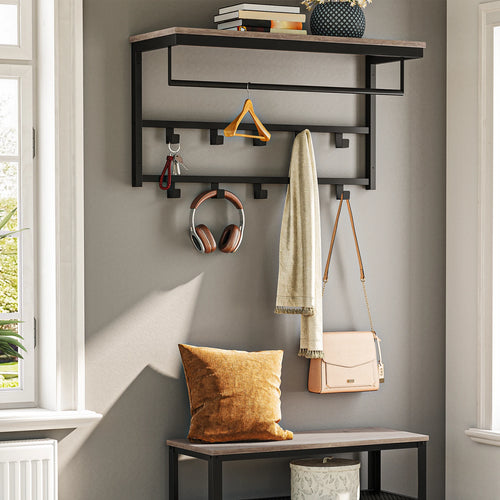 Wall Mounted Coat Rack with Shelf, Wall Shelf with 10 Hooks and Rods, Wall Mounted Hanging Shelf for Hallway Living Room - vue 5 sur 7