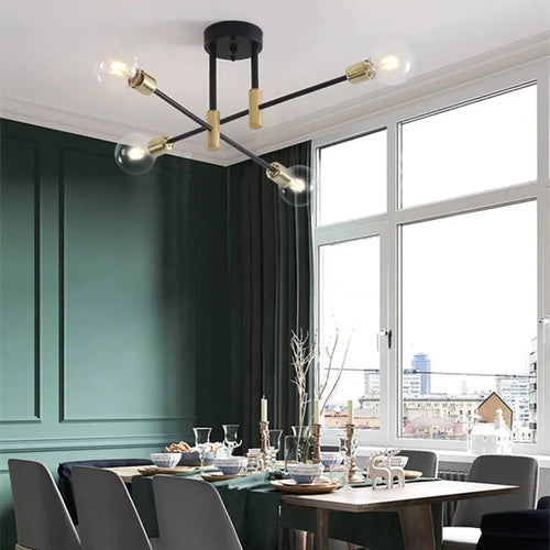 plafonnier rétro en fer forgé LED noir et or E27 lumière salon barre décoration moderne luminaire maison - vue 4 sur 19