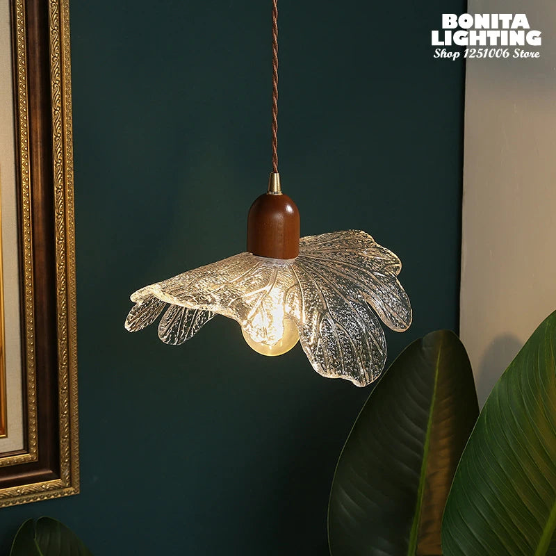 suspension lotus en noyer laiton et verre rétro - vue 4 sur 8