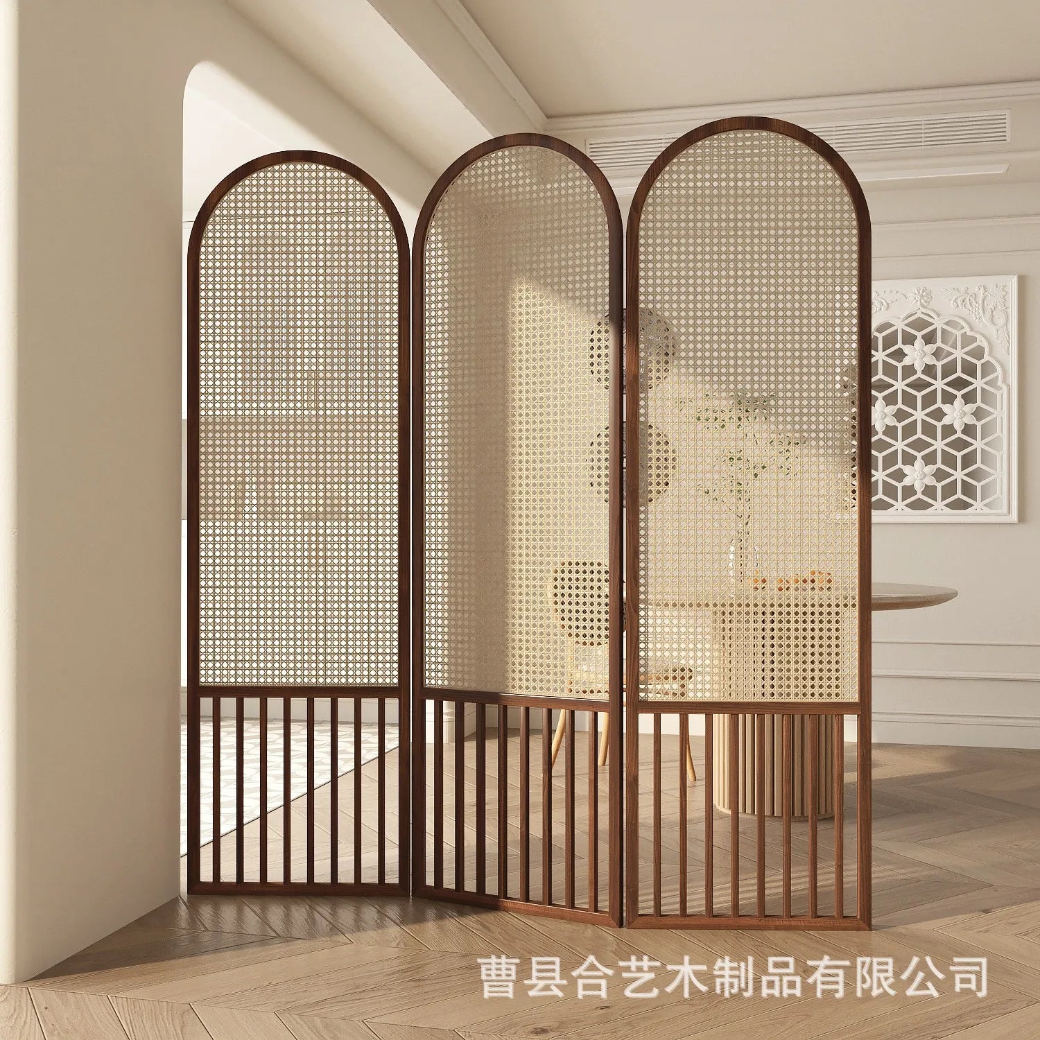 French rattan woven screen, solid wood, foldable, movable fireplace, covering living room decoration, simple home entry - vue 8 sur 9